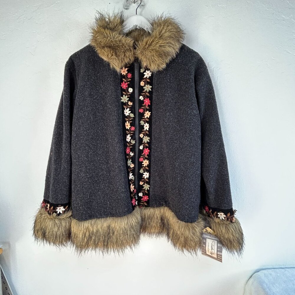 Tasha Polizzi Squaw Valley Faux Fur Trim Jacket Black Embroidered Large USA New